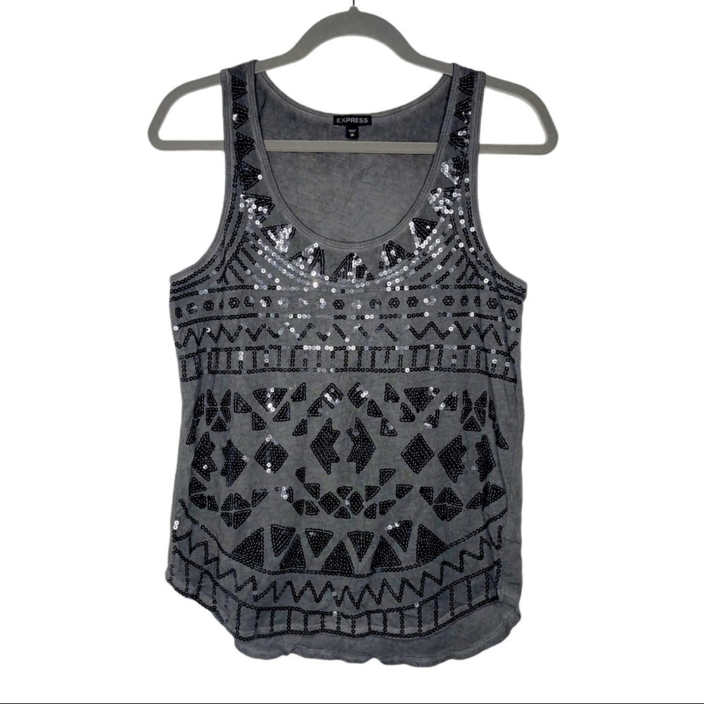EXPRESS Gray Tank with Sequin Aztec Design S